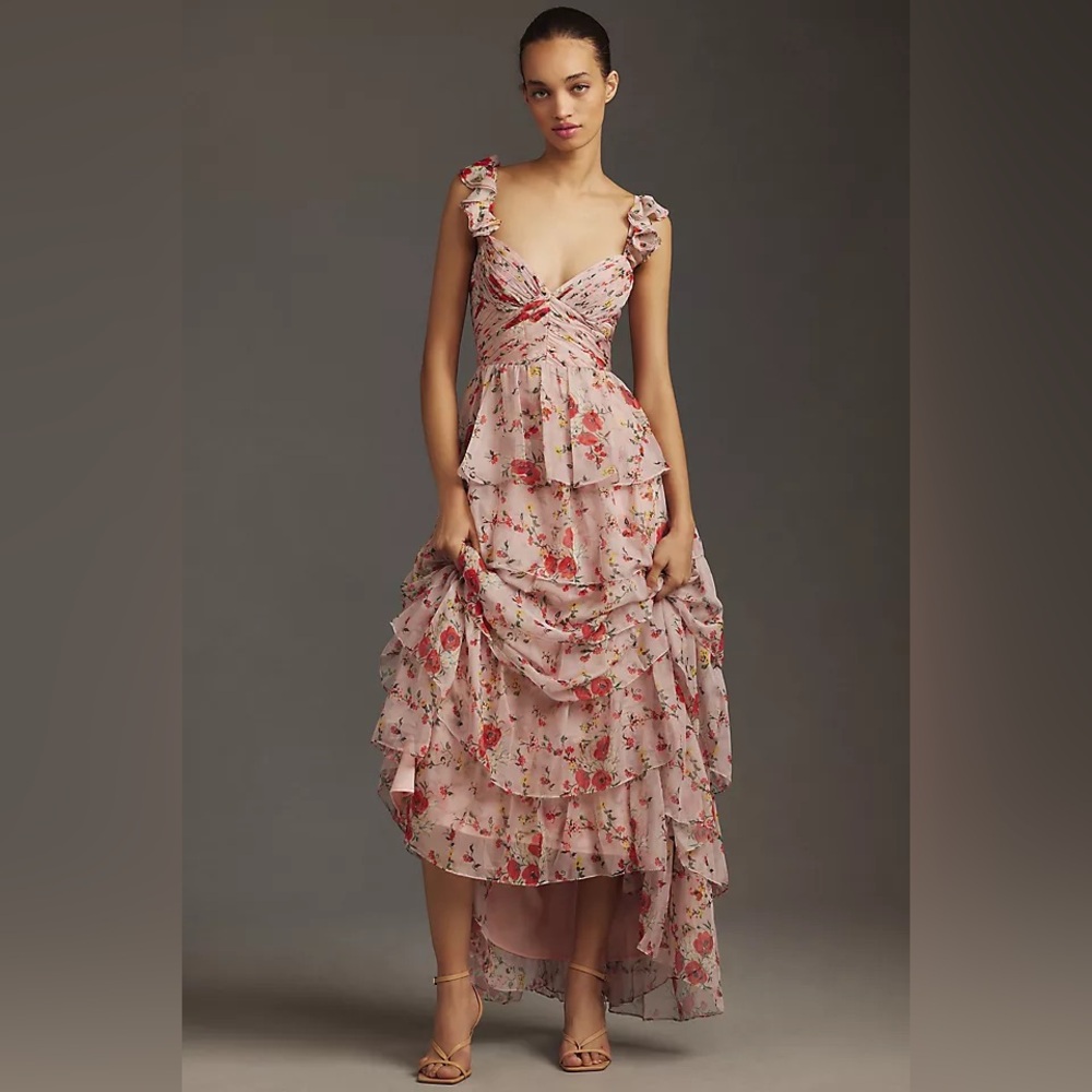 Mac Duggal Pink Floral Ruffle Maxi Dress